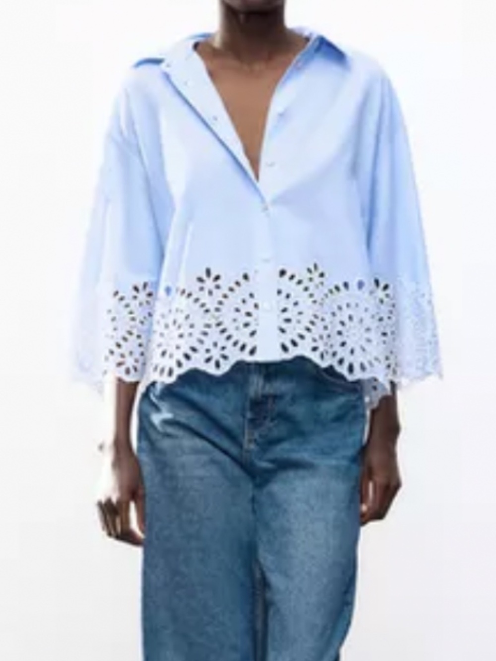 Zara Poplin Cotton Button Down Shirt w/ Cutwork Eyelet Embroidery
